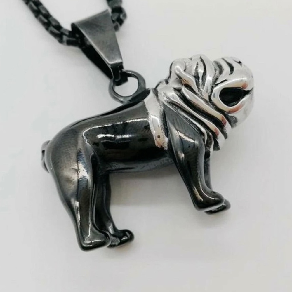 LOVELY PET ANIMAL ENGLISH BULLDOG BLACK SILVER CHARM PENDANT AND NECKLACE
